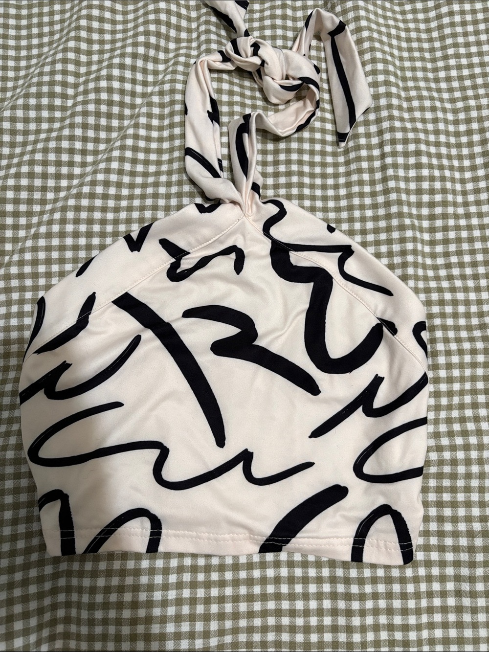 SHEIN Cream Halter Crop Top with Black Scribble Print